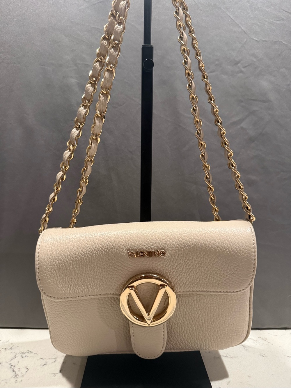 Valentino Cream Leather Crossbody with Gold Chain and V Logo